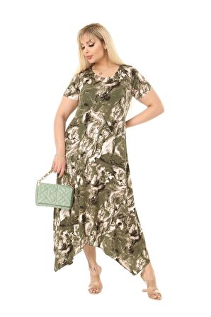 Melsay Butik Yeşil Batik Desen Asimetrik Kısa Kollu Uzun Elbise