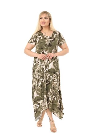 Melsay Butik Yeşil Batik Desen Asimetrik Kısa Kollu Uzun Elbise