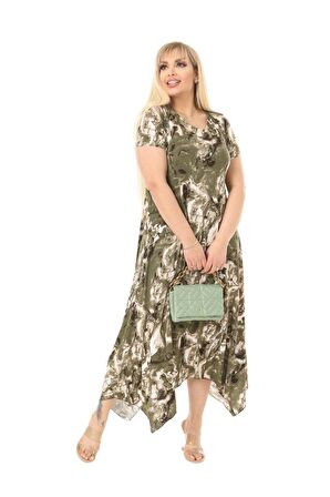 Melsay Butik Yeşil Batik Desen Asimetrik Kısa Kollu Uzun Elbise