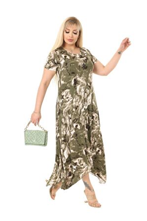 Melsay Butik Yeşil Batik Desen Asimetrik Kısa Kollu Uzun Elbise