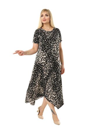 Melsay Butik Çakıltaşı Desen Asimetrik Kısa Kollu Uzun Elbise