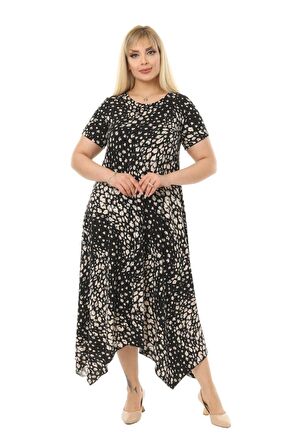 Melsay Butik Çakıltaşı Desen Asimetrik Kısa Kollu Uzun Elbise