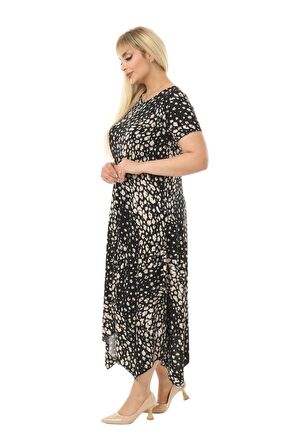 Melsay Butik Çakıltaşı Desen Asimetrik Kısa Kollu Uzun Elbise