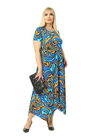 Melsay Butik Turkuaz Desen Asimetrik Kısa Kollu Uzun Elbise