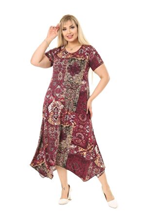 Melsay Butik Bordo Etnik Desen Asimetrik Kısa Kollu Uzun Elbise