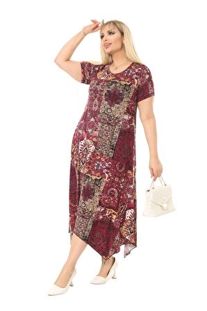 Melsay Butik Bordo Etnik Desen Asimetrik Kısa Kollu Uzun Elbise