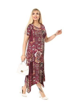 Melsay Butik Bordo Etnik Desen Asimetrik Kısa Kollu Uzun Elbise