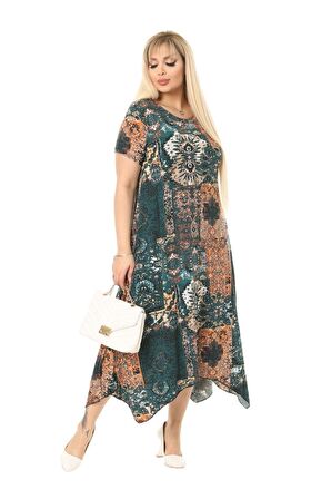 Melsay Butik Petrol Etnik Desen Asimetrik Kısa Kollu Uzun Elbise