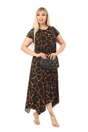 Melsay Butik Siyah Taş Desen Asimetrik Kısa Kollu Uzun Elbise