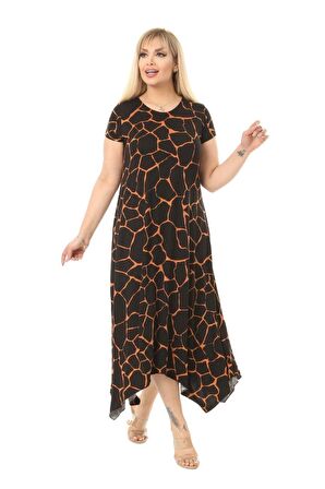 Melsay Butik Siyah Taş Desen Asimetrik Kısa Kollu Uzun Elbise