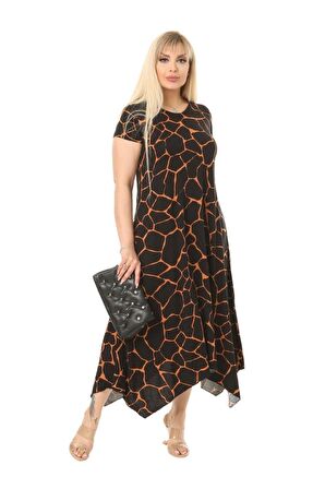 Melsay Butik Siyah Taş Desen Asimetrik Kısa Kollu Uzun Elbise