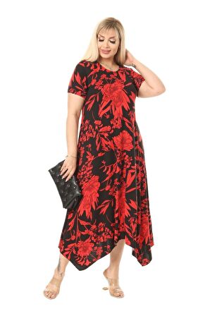 Melsay Butik Kırmızı Palmiye Desen Asimetrik Kısa Kollu Uzun Elbise