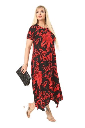 Melsay Butik Kırmızı Palmiye Desen Asimetrik Kısa Kollu Uzun Elbise