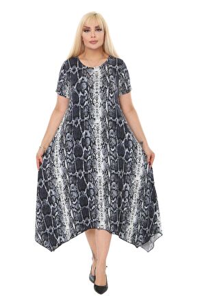 Melsay Butik Gri Yılan Desen Asimetrik Kısa Kollu Uzun Elbise