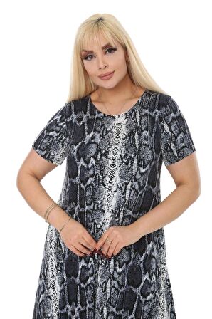 Melsay Butik Gri Yılan Desen Asimetrik Kısa Kollu Uzun Elbise