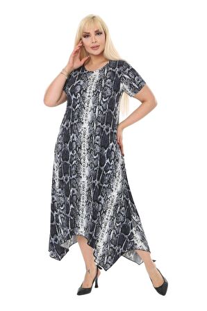 Melsay Butik Gri Yılan Desen Asimetrik Kısa Kollu Uzun Elbise