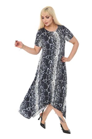 Melsay Butik Gri Yılan Desen Asimetrik Kısa Kollu Uzun Elbise
