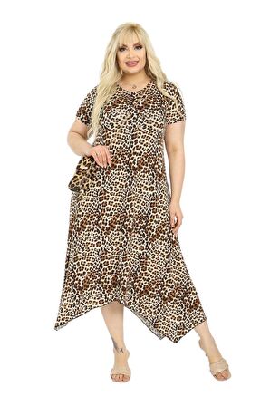 Melsay Butik Küçük Leopar Desen Asimetrik Kısa Kollu Uzun Elbise