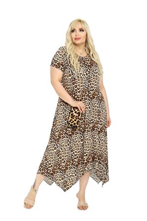 Melsay Butik Küçük Leopar Desen Asimetrik Kısa Kollu Uzun Elbise