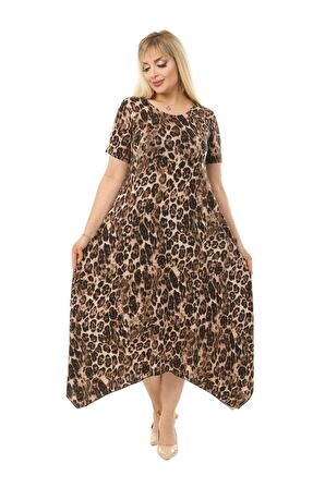 Melsay Butik Büyük Leopar Desen Asimetrik Kısa Kollu Uzun Elbise
