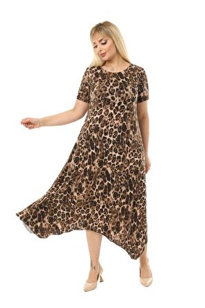 Melsay Butik Büyük Leopar Desen Asimetrik Kısa Kollu Uzun Elbise