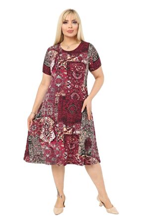 Melsay Butik Bordo Etnik Desen Kısa Kollu Büyük Beden Midi Elbise