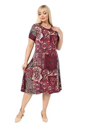 Melsay Butik Bordo Etnik Desen Kısa Kollu Büyük Beden Midi Elbise