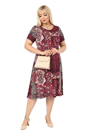 Melsay Butik Bordo Etnik Desen Kısa Kollu Büyük Beden Midi Elbise