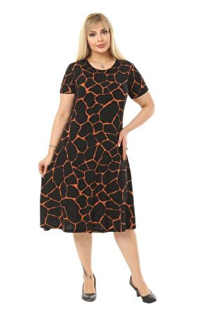 Melsay Butik Taş Desenli Kısa Kollu Siyah Büyük Beden Midi Elbise
