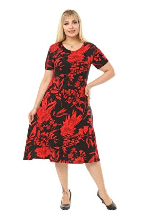 Melsay Butik Kırmızı Palmiye Desen Kısa Kollu Büyük Beden Midi Elbise