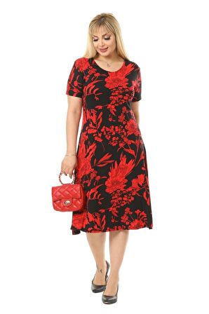 Melsay Butik Kırmızı Palmiye Desen Kısa Kollu Büyük Beden Midi Elbise