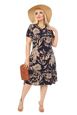 Melsay Butik Lacivert Palmiye Desen Kısa Kollu Büyük Beden Midi Elbise