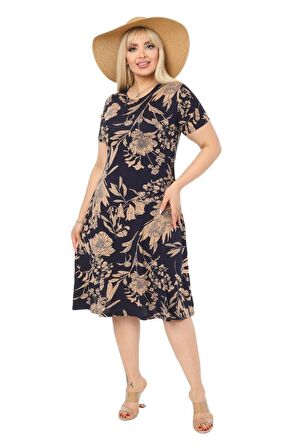 Melsay Butik Lacivert Palmiye Desen Kısa Kollu Büyük Beden Midi Elbise