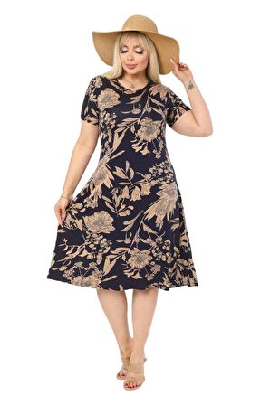 Melsay Butik Lacivert Palmiye Desen Kısa Kollu Büyük Beden Midi Elbise