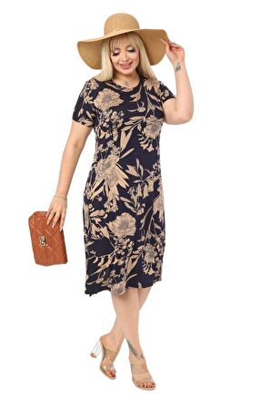 Melsay Butik Lacivert Palmiye Desen Kısa Kollu Büyük Beden Midi Elbise