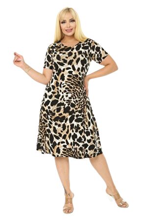 Melsay Butik Kaplan Desen Kısa Kollu Büyük Beden Midi Elbise