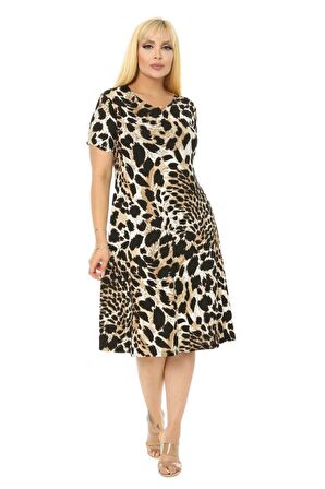 Melsay Butik Kaplan Desen Kısa Kollu Büyük Beden Midi Elbise