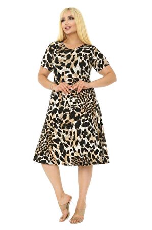 Melsay Butik Kaplan Desen Kısa Kollu Büyük Beden Midi Elbise
