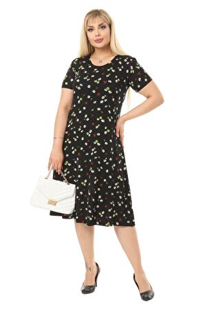 Melsay Butik Siyah Papatya Desenli Kısa Kollu Büyük Beden Midi Elbise