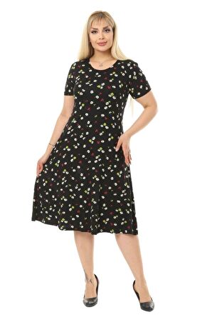 Melsay Butik Siyah Papatya Desenli Kısa Kollu Büyük Beden Midi Elbise