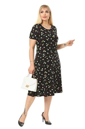 Melsay Butik Siyah Papatya Desenli Kısa Kollu Büyük Beden Midi Elbise