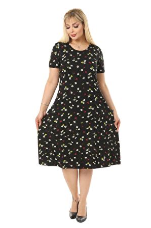 Melsay Butik Siyah Papatya Desenli Kısa Kollu Büyük Beden Midi Elbise