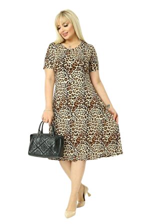 Melsay Butik Küçük Leopar Desenli Kısa Kollu Büyük Beden Midi Elbise