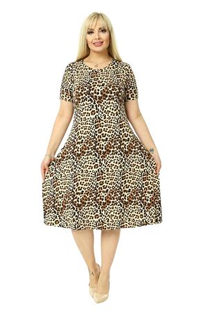 Melsay Butik Küçük Leopar Desenli Kısa Kollu Büyük Beden Midi Elbise