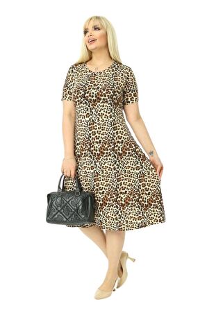 Melsay Butik Küçük Leopar Desenli Kısa Kollu Büyük Beden Midi Elbise