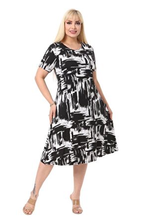 Melsay Butik Fırça Desen Kısa Kollu Siyah Büyük Beden Midi Elbise