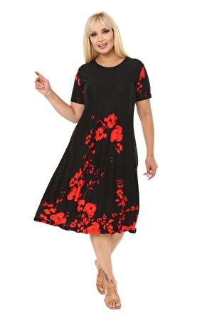 Melsay Butik Kırmızı Gelincik Kısa Kollu Büyük Beden Midi Elbise