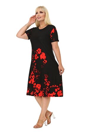 Melsay Butik Kırmızı Gelincik Kısa Kollu Büyük Beden Midi Elbise