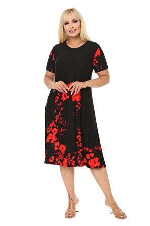 Melsay Butik Kırmızı Gelincik Kısa Kollu Büyük Beden Midi Elbise