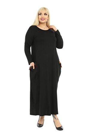 Melsay Butik Püsküllü Cepli Kadın Uzun Kollu Siyah Tesettür Elbise